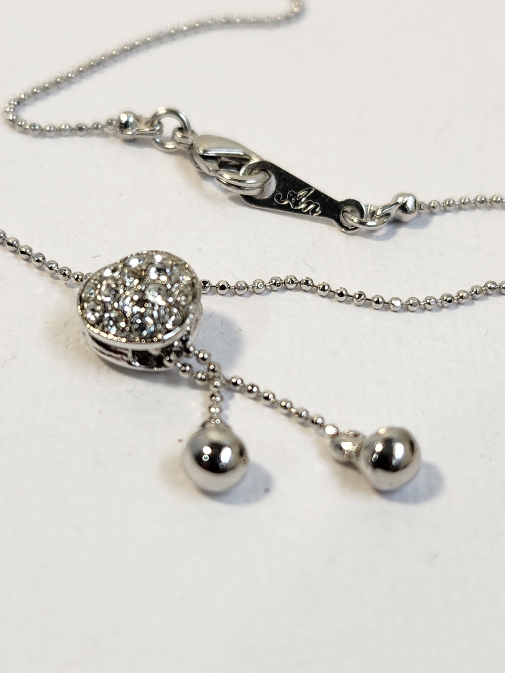 NIB Sterling Silver Heart Bolo Adjustable Slider Pavé Lariat Necklace 16"